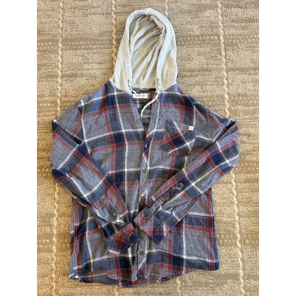 Departwest Plaid Hooded Shirt Jacket LARGE Shacket Navy Red Gray Flannel Outdoor